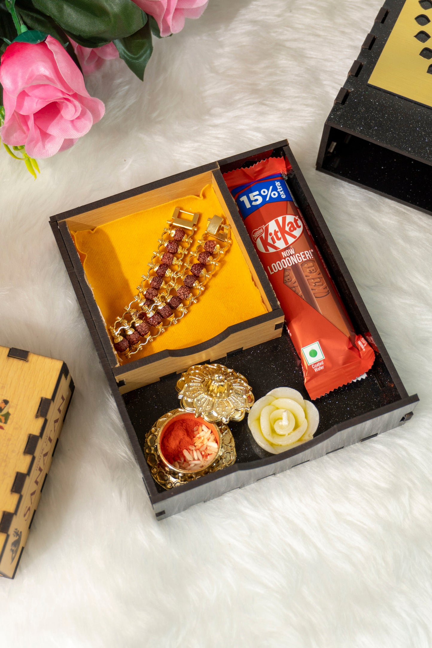 Gold Plated Rudraksha Rakhi Hamper - Complete Rakhi Box