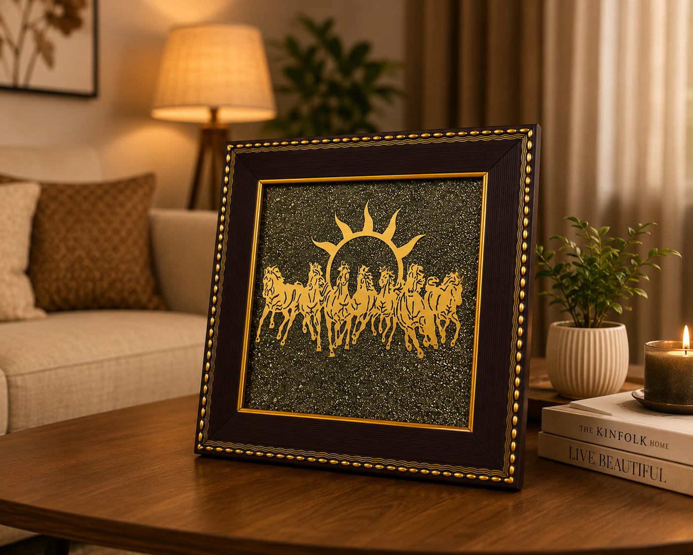 7 Horses Raw Pyrite Frame — Vastu & Feng Shui Prosperity Decor