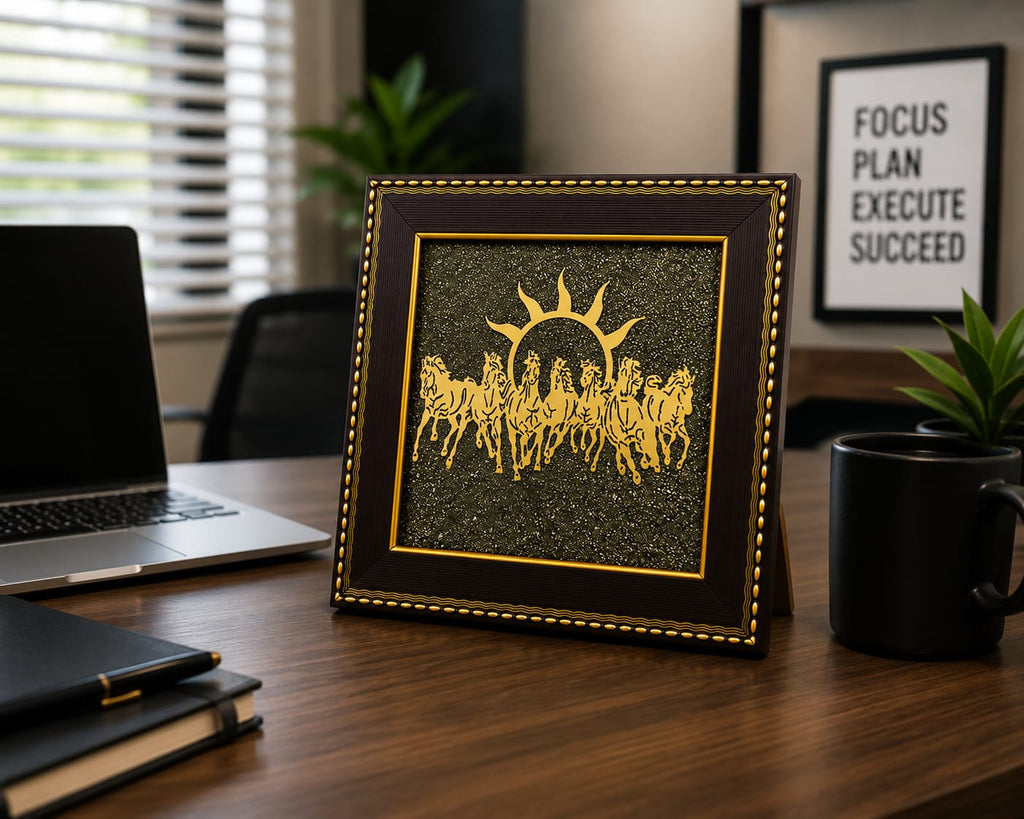 7 Horses Raw Pyrite Frame — Vastu & Feng Shui Prosperity Decor