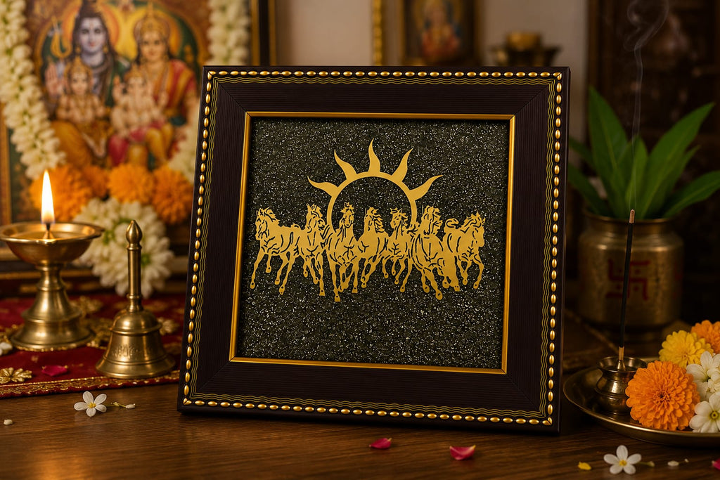 7 Horses Raw Pyrite Frame — Vastu & Feng Shui Prosperity Decor